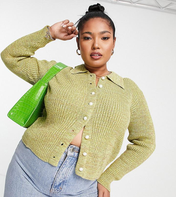 Glamorous Curve Button Front Cardigan In Green Melange Knit