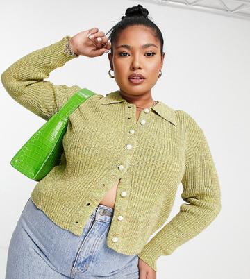 Glamorous Curve Button Front Cardigan In Green Melange Knit