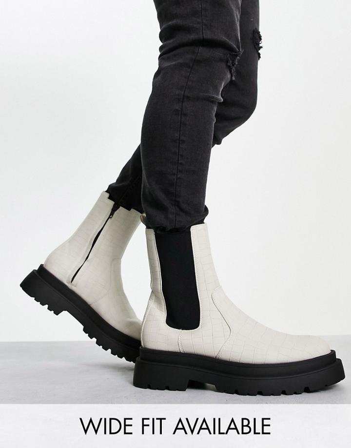 Asos Design Chunky Sole Chelsea Boot In Beige Faux Croc-neutral