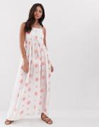 Anmol Floral Embroidered Maxi Beach Dress With Floral Embellishment-white