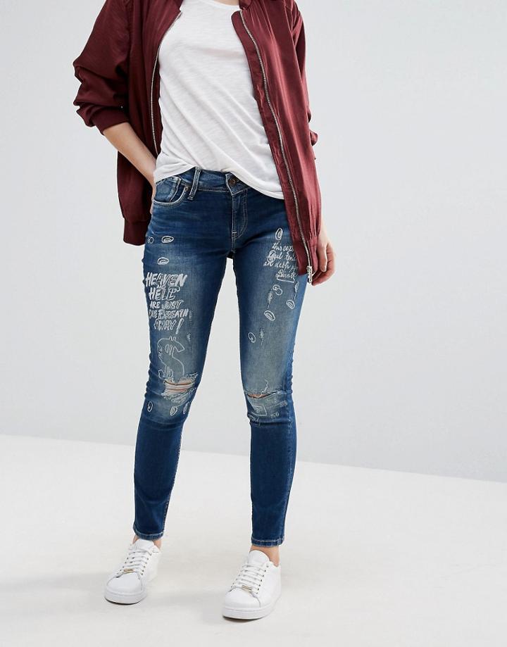 Pepe Jeans Scribble Grafitti Paint Boyfriend Jeans - Blue