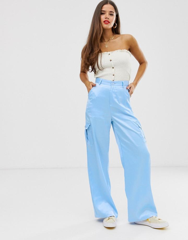 Daisy Street Satin Cargo Pants - Blue