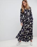 Liquorish Floral Print Maxi Shirt Dress - Navy