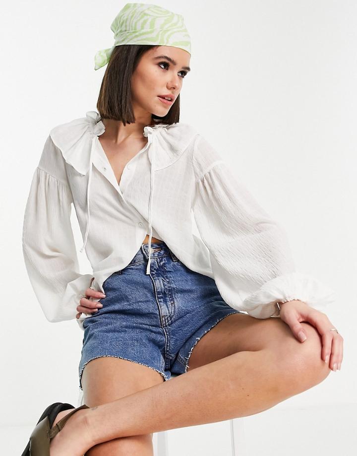 Asos Design Sheer Seersucker Blouse With Ruffle Collar Detail In Ivory-white