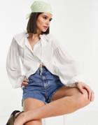 Asos Design Sheer Seersucker Blouse With Ruffle Collar Detail In Ivory-white