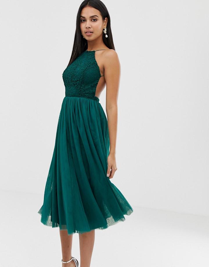 Asos Design Lace Top Tulle Midi Dress-multi