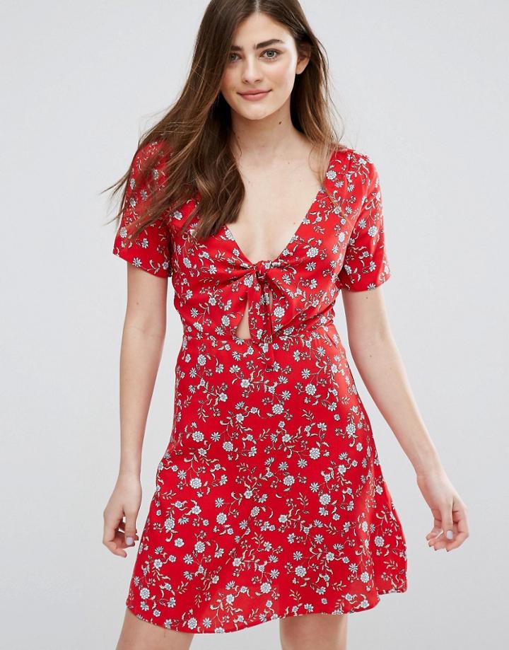 New Look Tie Front Floral Skater Dress - Red