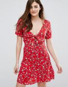 New Look Tie Front Floral Skater Dress - Red