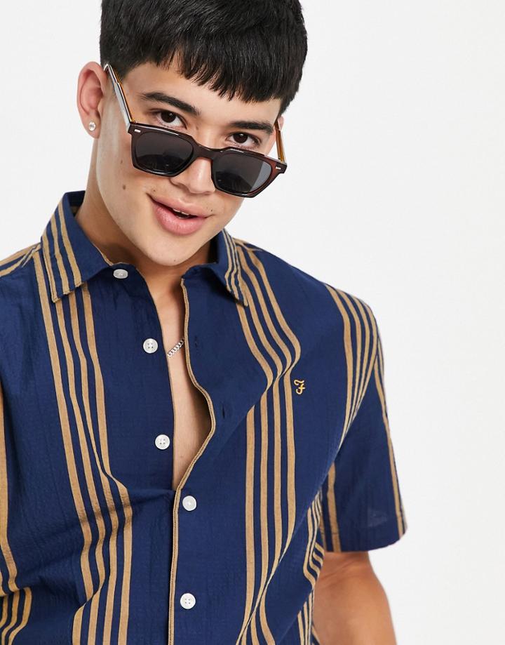 Farah Marina Organic Cotton Stripe Shirt In Brown And Navy-grey