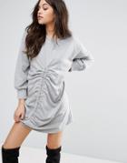 Prettylittlething Ruched Front Sweater Dress - Gray