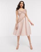 Asos Design Off Shoulder Dobby Midi Prom Dress In Rose-pink