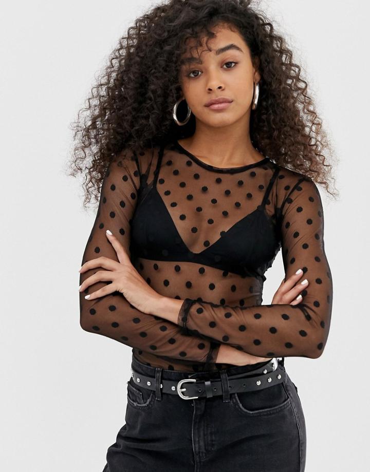Daisy Street Shrunken Long Sleeve Top In Polka Dot Mesh-black