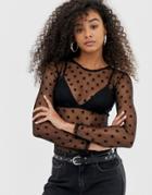 Daisy Street Shrunken Long Sleeve Top In Polka Dot Mesh-black