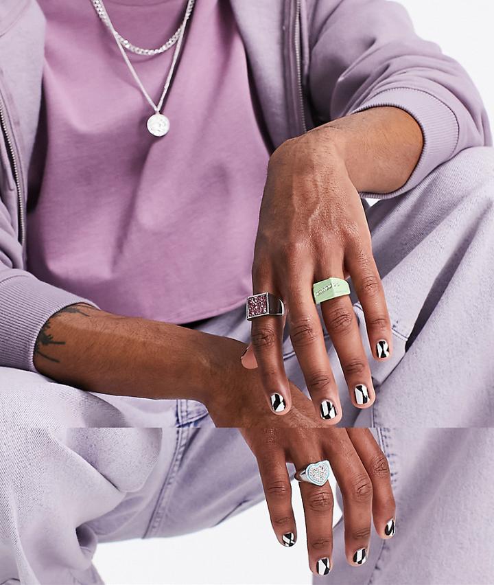 Asos Design 3 Pack Signet Ring Set With Colorful Jewel And Crystals-multi