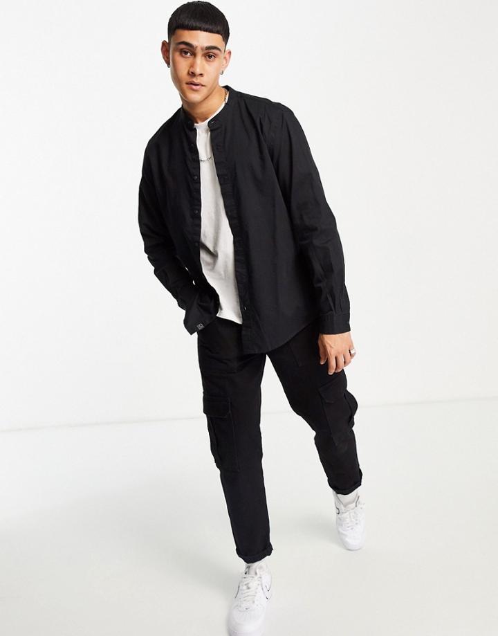 Pull & Bear Grandad Collar Shirt In Black