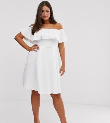 Boohoo Plus Bardot Dress With Ruffle Trim In White - White