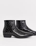 Asos Design Stacked Heel Western Chelsea Boots In Black Faux Leather With Eyelet And Stud Detail - Black