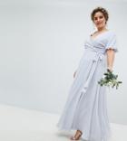 Tfnc Plus Wrap Maxi Bridesmaid Dress With Tie Detail And Puff Sleeves - Gray