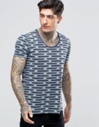 Scotch & Soda T-shirt With Scoop Neck In With Geometric Stripe In Stretch Slim Fit In Navy/mint - Navy