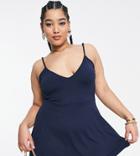 Public Desire Curve Double Layered Slinky Low Back Skater Dress In Navy