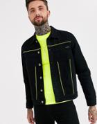 Liquor N Poker Denim Jacket With Neon Piping In Black