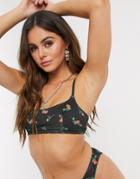 Asos Design Skinny Scoop Crop Bikini Top In Rose Print-multi