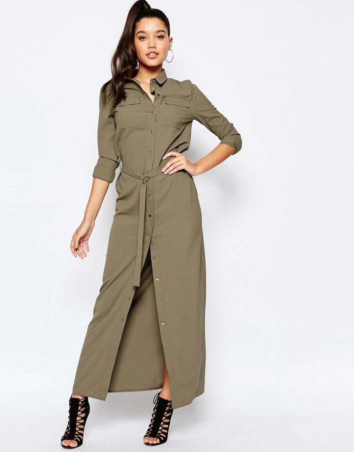 Missguided Belted Maxi Shirt Dress - Khaki