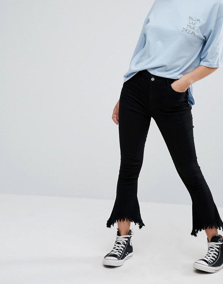 Daisy Street High Waist Kick Flare Jeans With Frayed Hems - Black