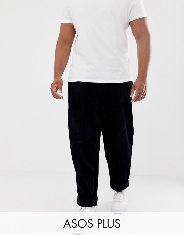 Asos Design Plus Wide Balloon Pants In Black Cord With Pleats