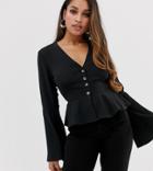 Missguided Petite Exclusive Petite Button Through Wide Sleeve Peplum Blouse In Black - Black