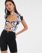 Asos Design Crop Top With Cap Sleeve And Cut Out Detail In Marble - Multi