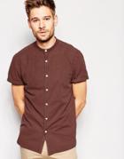 Asos Laundered Shirt In Brown With Grandad Collar In Short Sleeve - Deep Mahogany