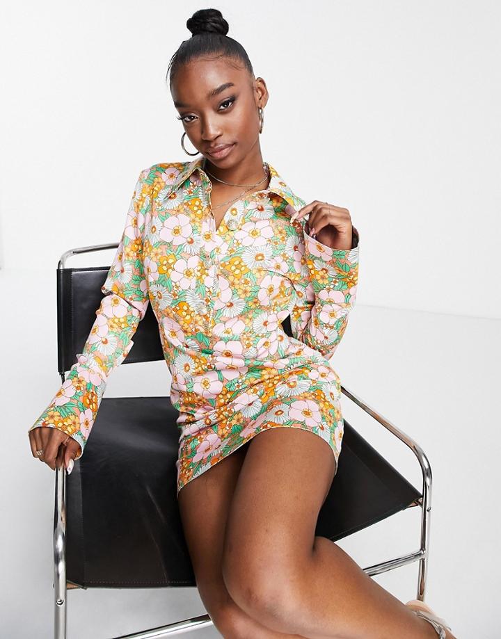 Asos Design Collared Buttton Front Mini Shirt Dress In 60's Print-multi