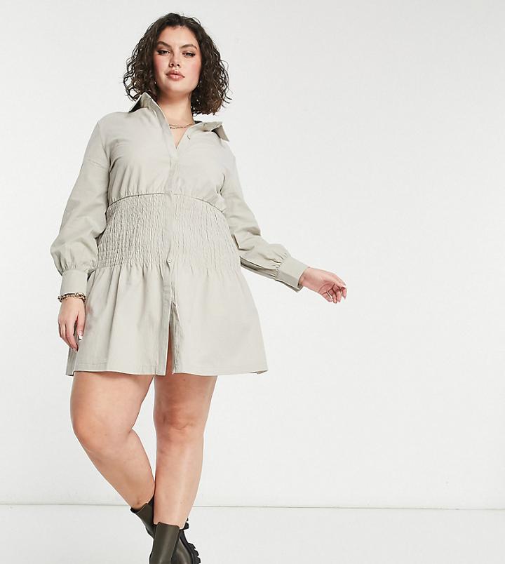 Missguided Plus Mini Shirt Dress With Shirred Panel In Stone-neutral