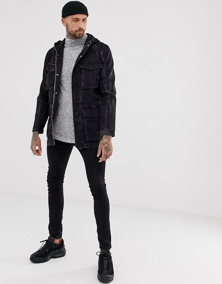Asos Design Denim Parka Jacket In Washed Black - Black