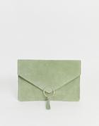 Asos Design Suede Ring Tassel Clutch Bag-green