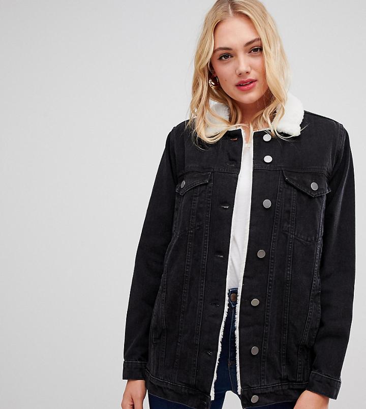 Asos Design Tall Denim Jacket With Fleece Collar In Washed Black - Black