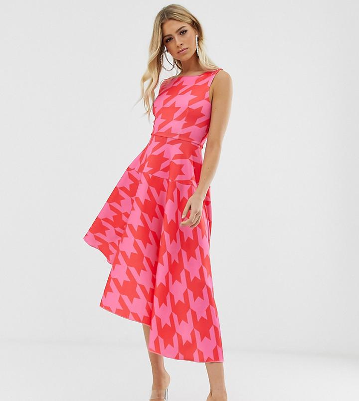 Flounce London Asymmetric Scuba Midi Dress In Pink Gingham - Pink