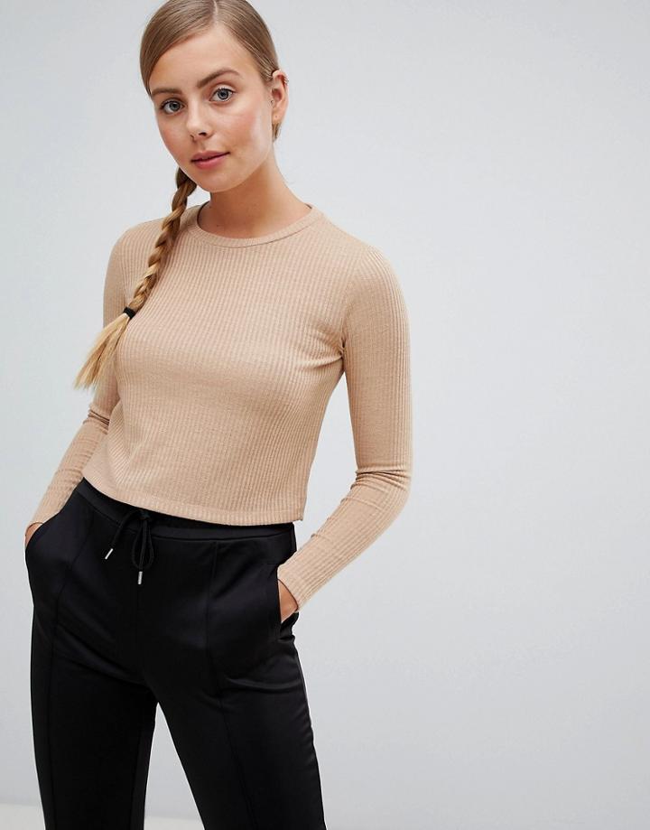 Monki Ribbed Crop Long Sleeve T-shirt In Beige - Beige