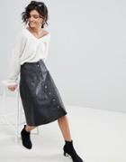 Selected A-line Button Through Leather Skirt - Black