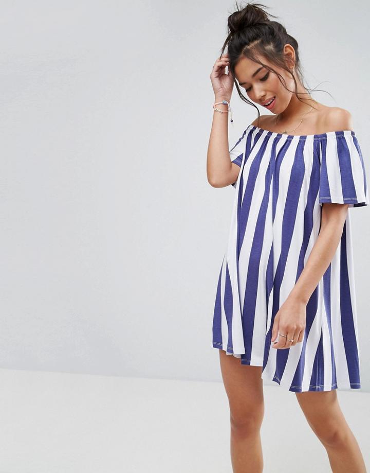 Asos Off Shoulder Sundress In Deckchair Stripe - Multi