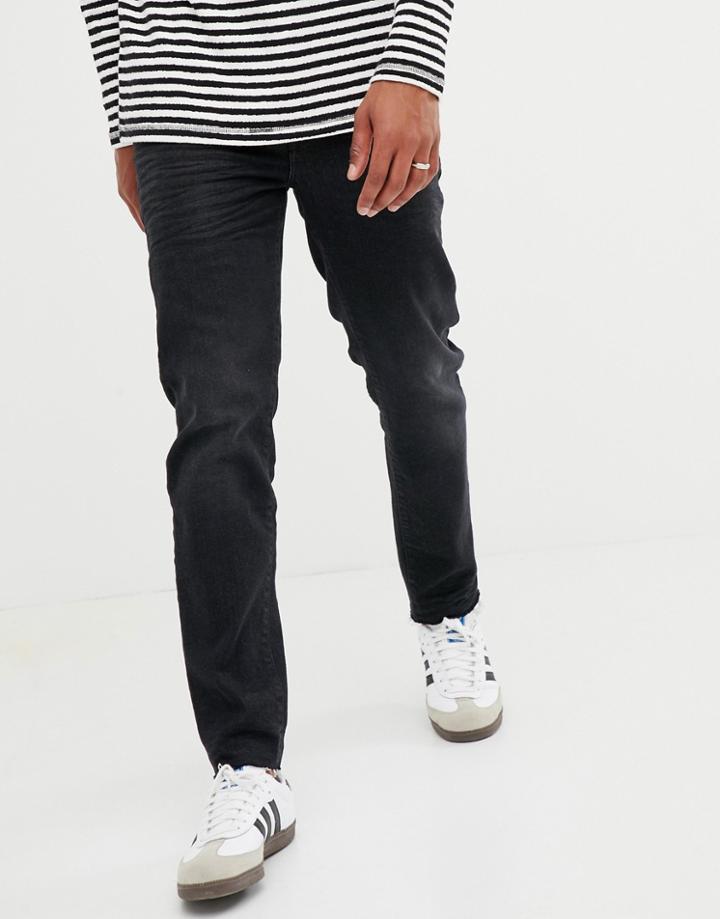 Asos Design 12.5oz Tapered Jeans In Washed Black With Abrasions - Black