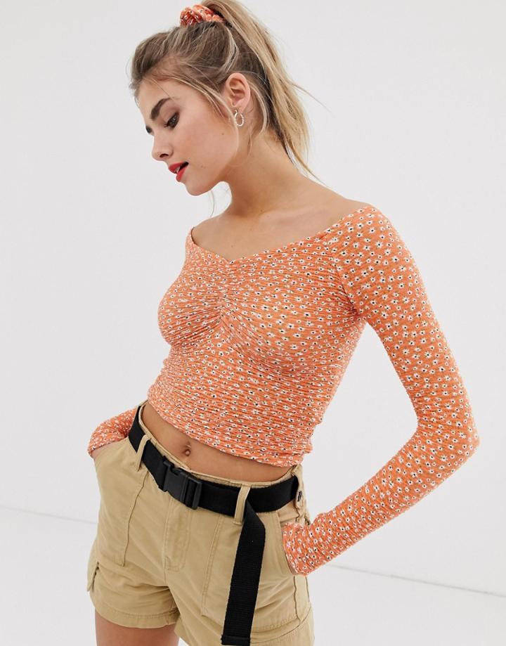 Bershka Ruch Front Floral Print Top With Scrunchie In Orange - Orange