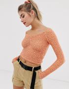 Bershka Ruch Front Floral Print Top With Scrunchie In Orange - Orange