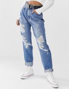 Pull & Bear Ripped Mom Jean In Blue - Blue