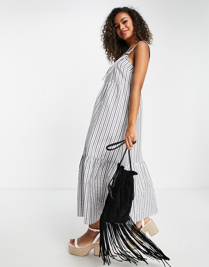 Asos Design Overall Midi Sundress In Blue And White Stripe Print-multi