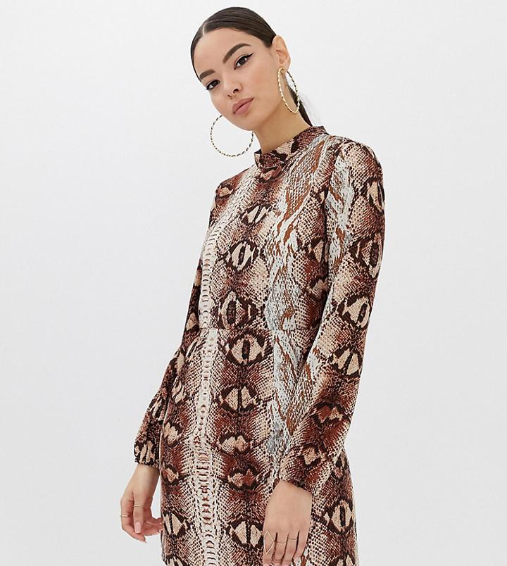 Boohoo High Neck Chiffon Mini Dress In Snake - Multi