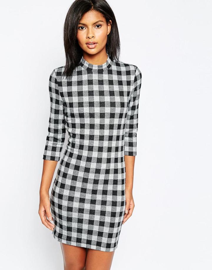 Only Checked Body-conscious 3/4 Sleeve Dress