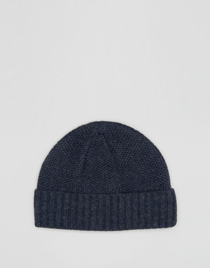 Asos Lambswool Blend Stitch Fisherman Beanie In Denim - Blue