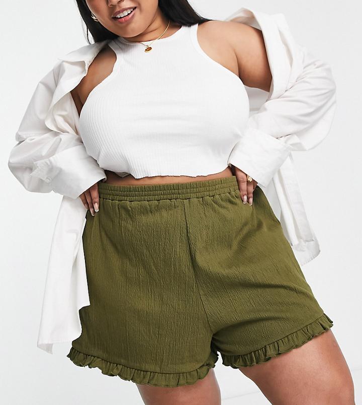 Asos Design Curve Crinkle Short In Cotton With Ruffle Hem In Khaki-multi